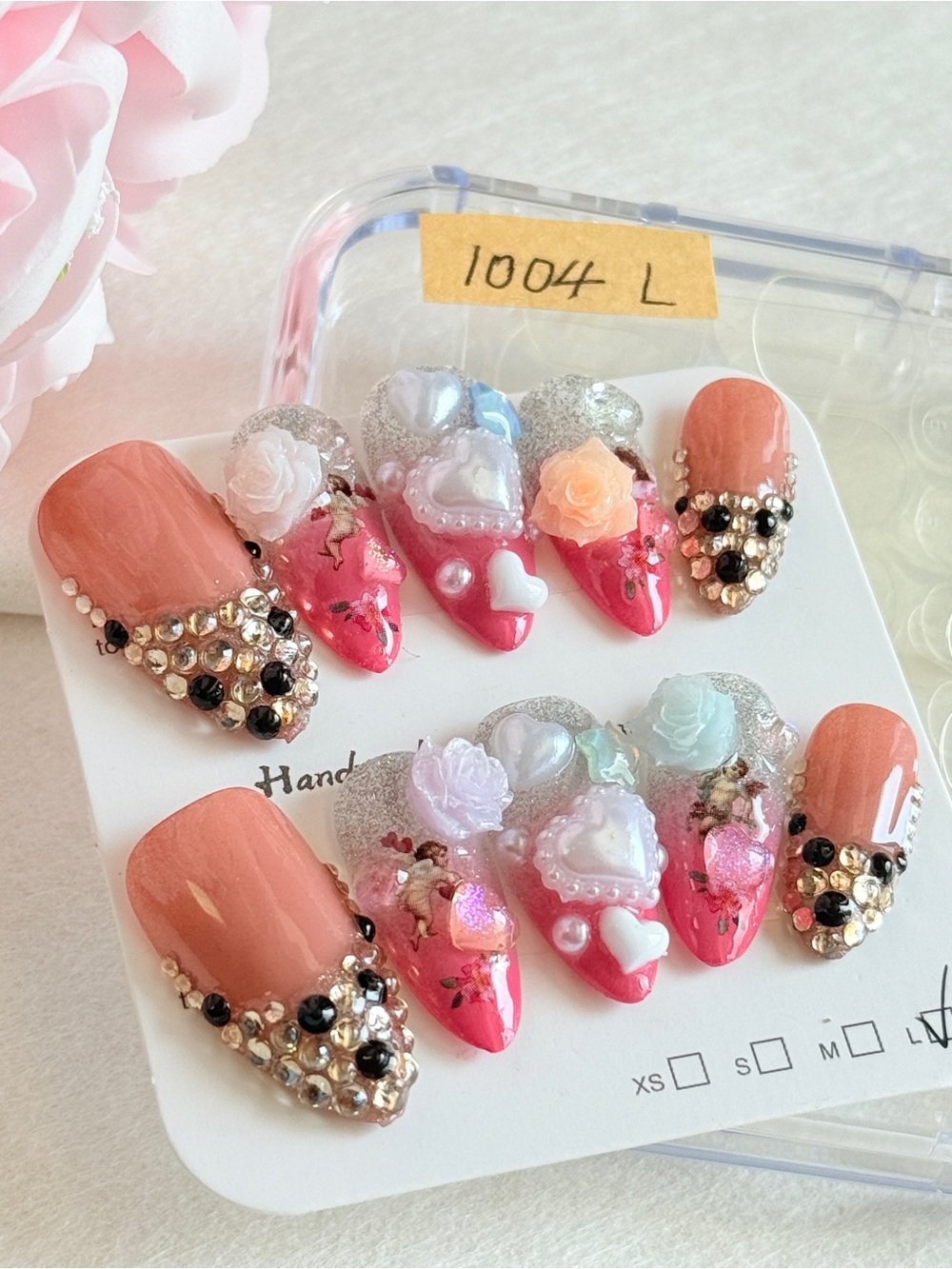 Handmade 3D Heart & Flower Nail Set - Pink & Peach